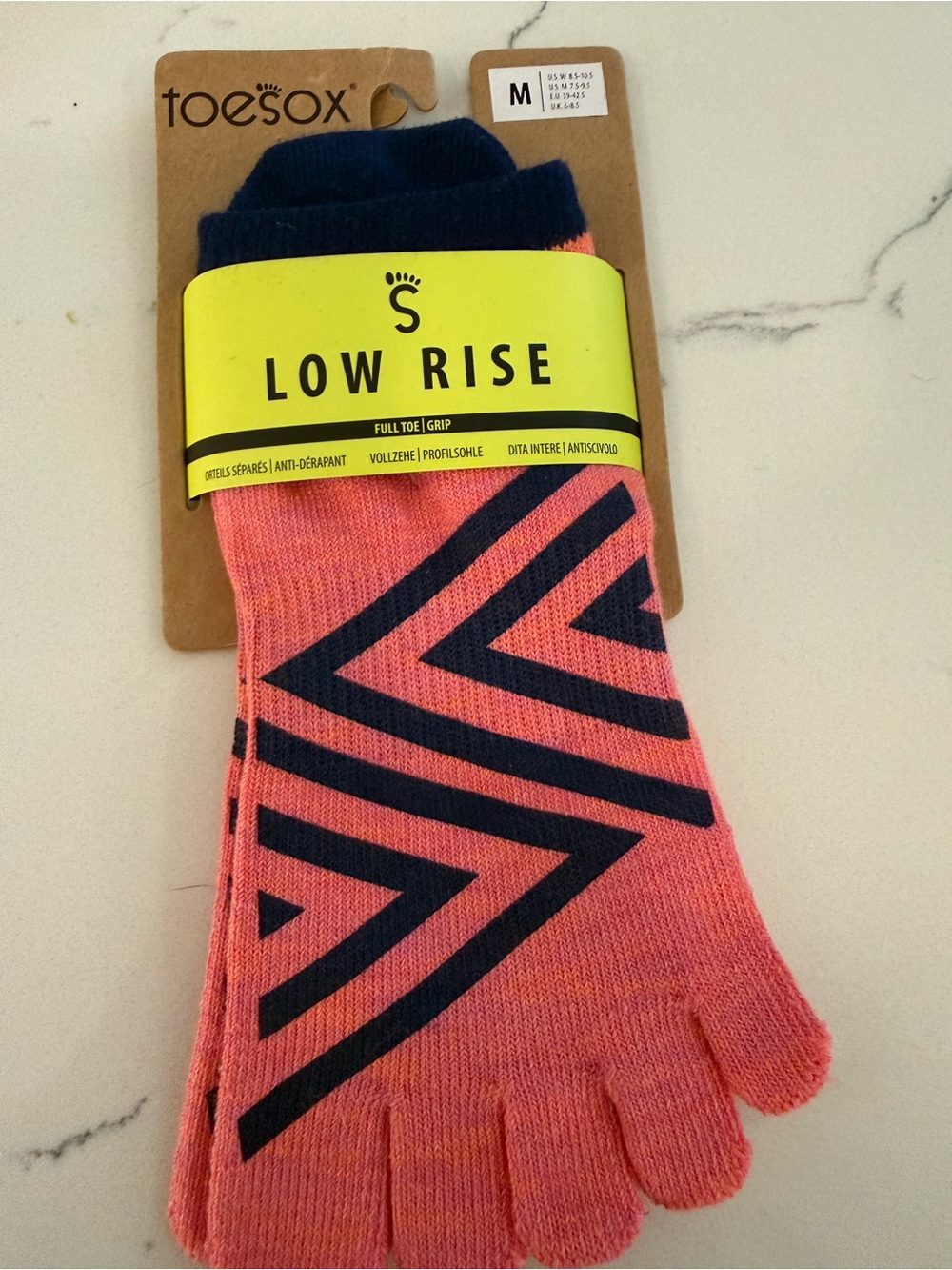 toesox Low Rise Toe Socks in Coral Pink with Navy Chevron